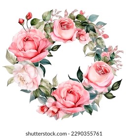 Delicate vector greenery roses with a hoop. Watercolor green leaf and foliage frame. Botanical painting.