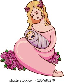 A delicate vector illustration of attractive young blonde woman embracing her black newborn sleeping baby