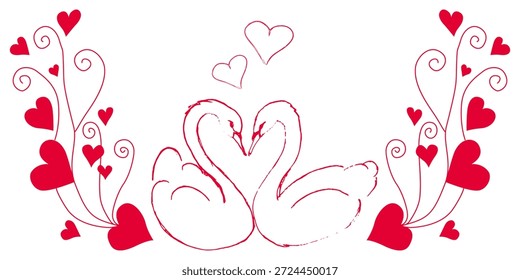 Delicate vector illustration with bright red hearts on a white background. Hearts of different sizes form a light, airy composition with decorative curls resembling flower shoots. Symbolizes love