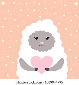 Delicate vector illustration. A cute white lamb gives a pink heart. Lamb is drawn on an orange background with white hearts