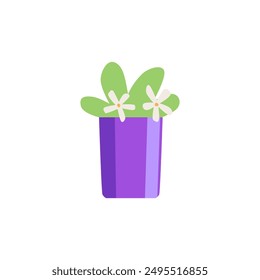 A delicate vector illustration depicting white daisies in a purple flower pot. Ideal as a decorative icon or graphic image for projects inspired by nature