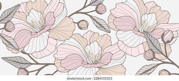 Delicate vector illustration with lush flowers, branches, buds and leaves in pastel colors for decor, covers, backgrounds, wallpapers