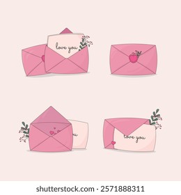 Delicate vector illustration of pink envelopes with letters, flowers, and decorative elements. Perfect for designing greeting cards, romantic messages, and festive projects.