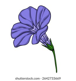 Delicate Vector Illustration of a Single Periwinkle Blue Flower with a Green Stem, Isolated on White Background.