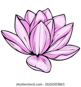 Delicate vector illustration of a single pink lotus flower, showcasing its intricate petal structure with bold outlines and soft color gradients, perfect for feminine designs.