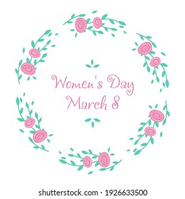 Delikate, Vektorgrafik, einzeln, blühende Rosen für Damen. Rahmen aus Pflanzen. 8. März. Internationaler Frauentag. Hochzeitstag. Zum Bedrucken, Geweben, Textilien, Karten, Einladungen, Wrappern