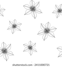 Flores lineales vectoriales delgadas de patrón clematis sin fisuras. Elementos simples dibujados a mano. Elegante fondo floral para el embalaje de diseño tela de papel de pared textil