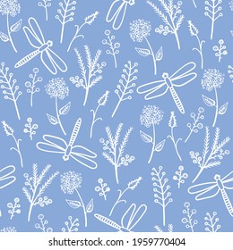 delicate vector pattern with dragonflies and twigs, flowers. white outlines on a lilac background