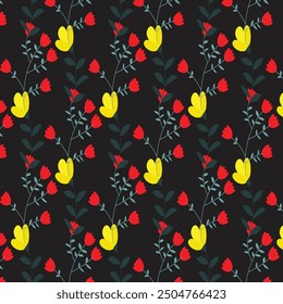 Delicate vector pattern featuring seamless multiple blooming flowers with petals on branches and leaves. Perfect for backgrounds, textiles, and nature-inspired designs.