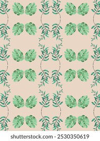 Delicate vector pattern with green leaves, branches and herbs. Hand drawn vegetable foliage elements seamless pattern. Texture for fabric, textile, wrapping paper etc.