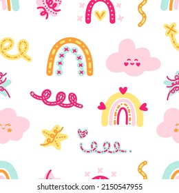 Delicate vector pattern in scandinavian style. Pastel kawaii dreamy clouds, rainbows, doodles and stars in pink shades for prints, backgrounds, textiles, cards, wrappers, interior, decor, clothes