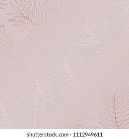 Delicate vector pattern with tropical branches with imitation of rose gold for the design of invitations and postcards