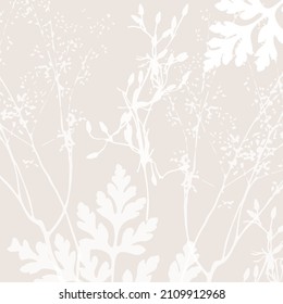 Delicate vector  pattern with wild flowers, herbs botanicals. Soft pastel colors blush beige pink background