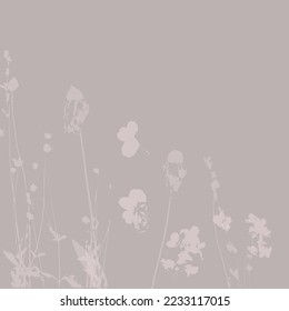 Delicate vector  pattern with wild flowers, herbs botanicals. Soft pastel colors blush beige pink background