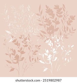 Delicate vector  pattern with wild flowers, herbs botanicals. Soft pastel colors blush beige pink background