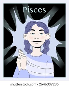 Delicate vector portrait of Pisces zodiac sign as an imaginative woman with mystical accessories and watery aura. Great for magical prints and horoscope projects.