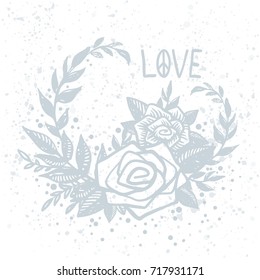 Delicate vector postcard with blue hand drawn roses on white background and love lettering. Tattoo, hippie, boho, linocut style print. Floral composition, frame.