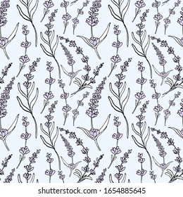 Delicate vector seamless Lavender pattern on white. Hand drawn vintage herbal sketch. Herbal lavender sketch isolated on blue for wallpaper, textile, design packaging, wedding card, natural medicine