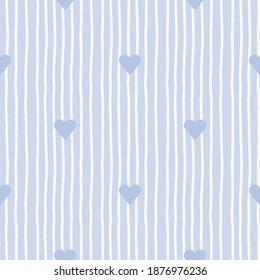 Delicate vector seamless pattern with blue hearts and uneven hand-drawn lines. Cute background for boys nursery bedroom.