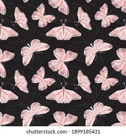 Delicate vector seamless pattern with butterflies. Pink polygonal moth repeat pattern on black background. Low poly wings. Use as wrapping paper, scrapbooking, fabric textile print, wallpaper design