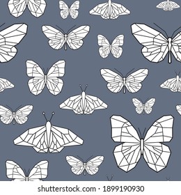 Delicado patrón vectorial sin fisuras con mariposas. Patrón de repetición de poligona sobre fondo gris. Modesto y bajo poli. Usar como papel de embalaje, scrapbooking, impresión textil de tela, diseño de papel pintado