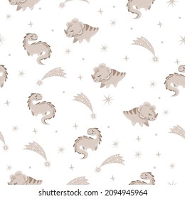 Delicate vector seamless pattern. Cute dinosaurs, shooting stars, space. Pattern for baby clothes, textiles, diapers and fabrics.