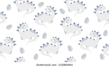 Delicate vector seamless pattern. Cute dinosaurs, egg. Pattern for baby clothes, textiles, diapers and fabrics.