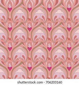 Delicate vector seamless pattern with exquisite leaves and hearts.