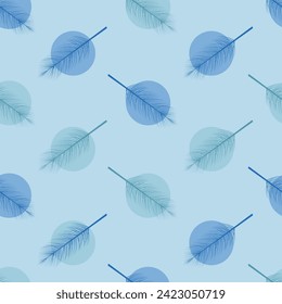 Delicate vector seamless pattern with illustration of feathers on a blue background. Delicate background for design.