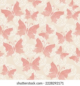 Delicate vector seamless pattern with pink translucent butterflies and spirals. vector image