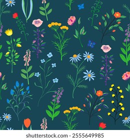 Delicate vector seamless pattern with wild and meadow flowers: carnations, irises, roses, daisies, foxgloves, tansy, as well as graceful butterflies. Ideal for fabrics and gift wrapping.