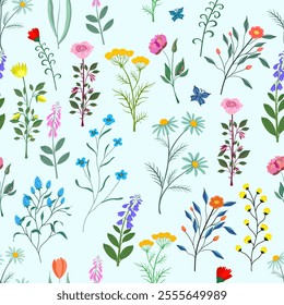 Delicate vector seamless pattern with wild and meadow flowers: carnations, irises, roses, daisies, foxgloves, tansy, as well as graceful butterflies. Ideal for fabrics and gift wrapping.