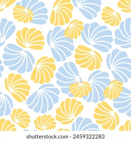 Delicate vector seamless pattern with yellow and blue hand-drawn shells on a white background. Marine motifs for your design