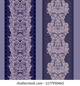 Delicate  vertical seamless pattern with paisley and flowers. Vector set of 2. Use for embroidery, braid, tape, ribbon 