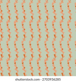 Delicadas enredaderas de Vertical con hojas estilizadas en tonos coral suave y menta, dispuestas en un patrón repetitivo sin fisuras. Ilustración vectorial decorativa moderna.