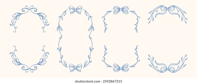 Delicate vintage frames and borders with bows and floral accents in monochrome blue ink. Perfect for greeting cards, branding, and decorative designs.