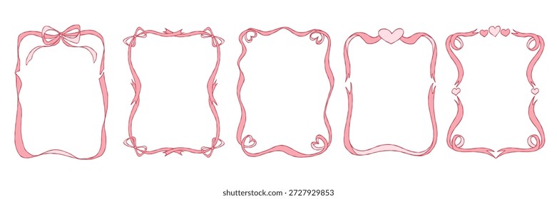 Delicate vintage frames set with ribbons and heart for Valentine's Day. Vector hand drawn line art illustration with copy space for baby shower, invitation, card, nursery, announcements, birthday