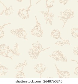 Delicado vintage inspirado vetor padrão com rosas botânicas em tinta bege sobre fundo branco cremoso para tecido cottagecore