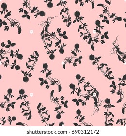 Delicate vintage seamless pattern with floral motifs. Black silhouettes of clover and small white flowers on pink background. Smartly layered, easy to make changes.