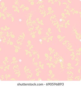 Delicate vintage seamless pattern with floral motifs. Pastel colors. Yellow silhouettes of clover and small white flowers on pink background. Smartly layered, easy to make changes.