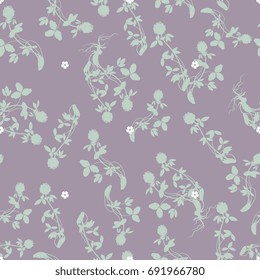 Delicate vintage seamless pattern with floral motifs. Pale green silhouettes of clover and small white flowers on lilac background. Smartly layered, easy to make changes.