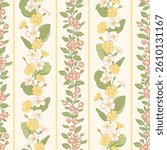 Delicate vintage spring primrose and trailing ditsy pink flowers vector seamless pattern with vertical floral stripes. Nostalgic cottage botanical print for country core spring garden textiles
