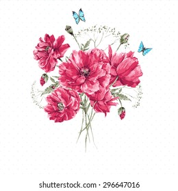 Delicate Vintage Watercolor Bouquet of Red Poppies and Blue Butterflies on White Background, Watercolor Vector illustration with Place for Your Text