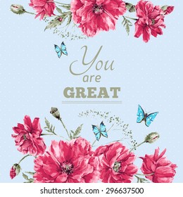 Delicate Vintage Watercolor Floral Card with Bouquet of Red Poppies and Blue Butterflies, Watercolor Vector illustration with Place for Your Text
