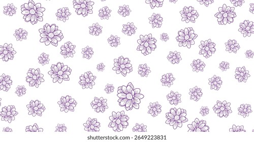 Delicate violet floral pattern on white background showcases scattered spring flowers with detailed line work creating a soft, graceful design perfect for backgrounds and textiles