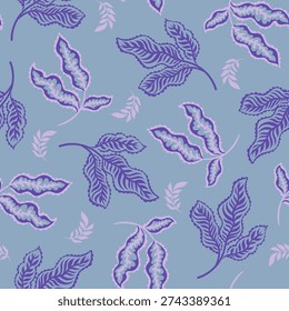 Delicate violet foliage on muted blue background creating elegant decorative textile and wallpaper surface.