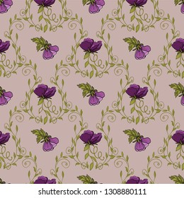 Delicate violets drawn by hands. Nice spring bouquet. Seamless texture for fabrics, Wallpapers, shawls, bandanas, covers, packaging.