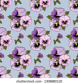 Delicate violets drawn by hands. Nice spring bouquet. Seamless texture for fabrics, Wallpapers, shawls, bandanas, covers, packaging.