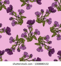 Delicate violets drawn by hands. Nice spring bouquet. Seamless texture for fabrics, Wallpapers, shawls, bandanas, covers, packaging.