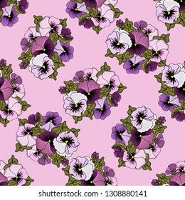 Delicate violets drawn by hands. Nice spring bouquet. Seamless texture for fabrics, Wallpapers, shawls, bandanas, covers, packaging.
